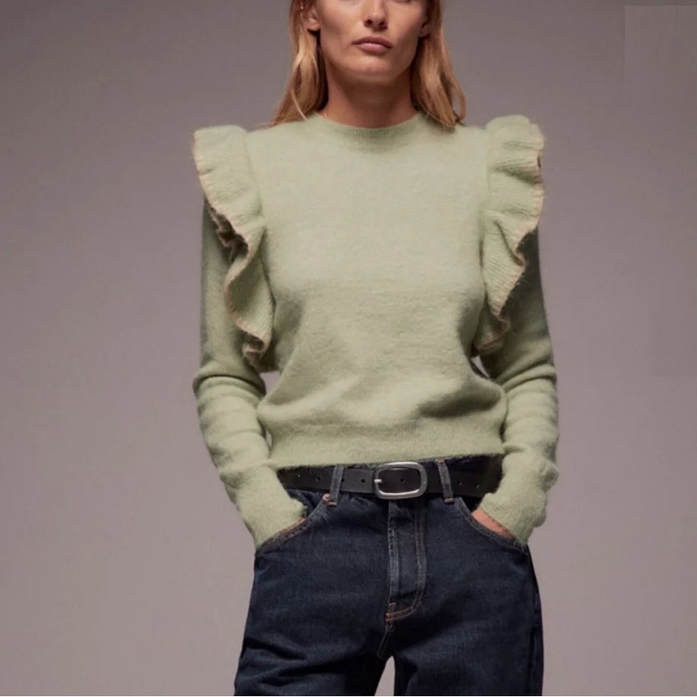 Zara Light Green Knit Ruffle Sweater